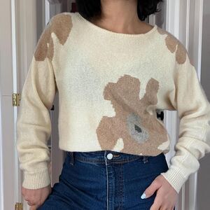 Vintage cashmere floral design knit long sleeve pullover‎ sweater Medium